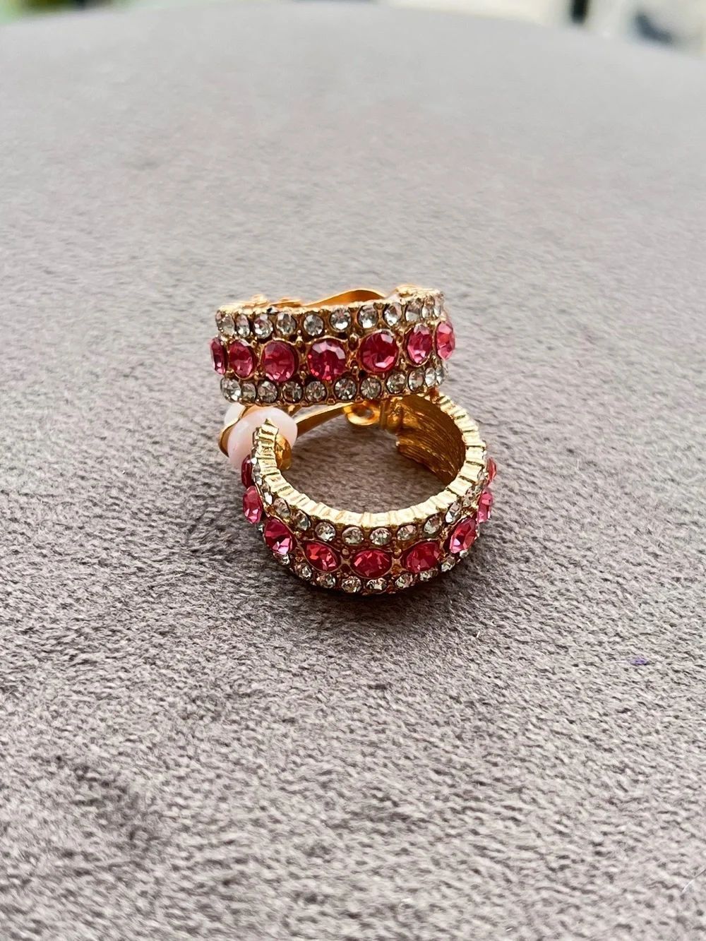 Gold Tone Clip On Hoop Earrings with Pink Crystal Accents